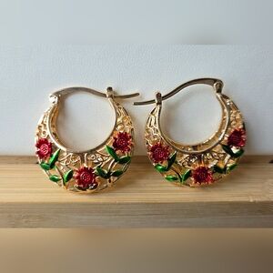 Floral Gold and Red Hoop Earrings